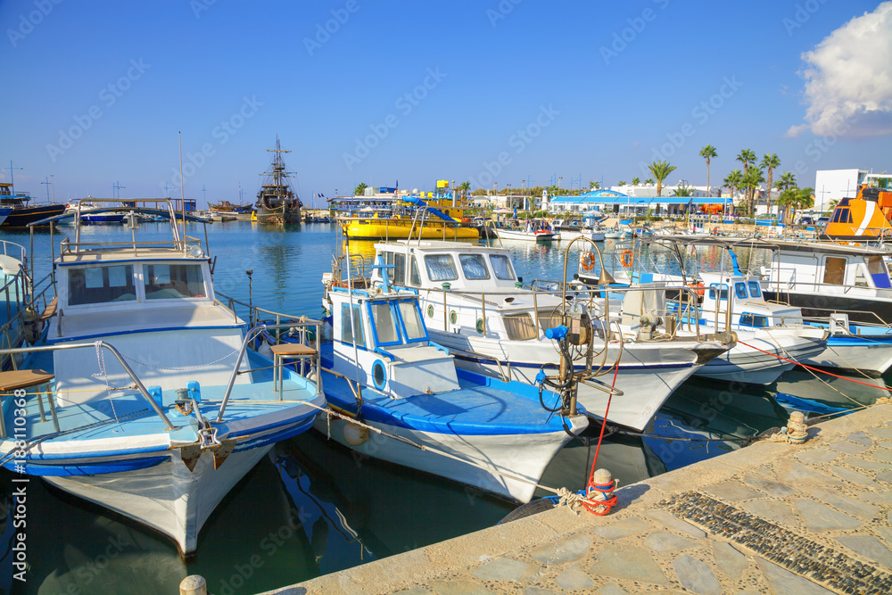 Obraz premium Fishing boats and yachts in harbor of Ayia Napa, Cyprus.