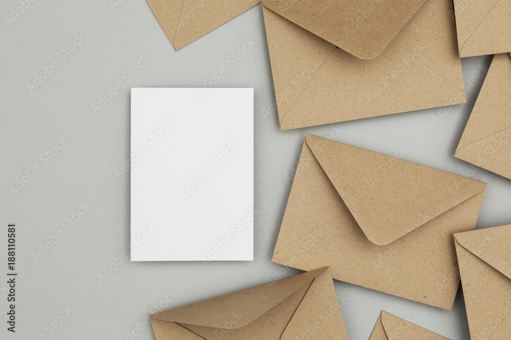 Blank white card with kraft brown paper envelope template mock up Stock