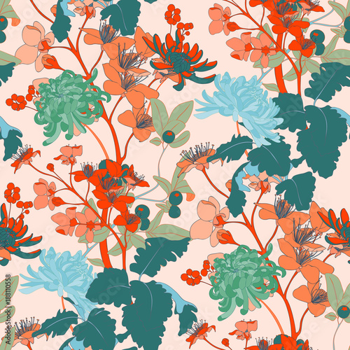 Fototapeta Naklejka Na Ścianę i Meble -  Vintage Asian Flower Seamless Vector Wallpaper