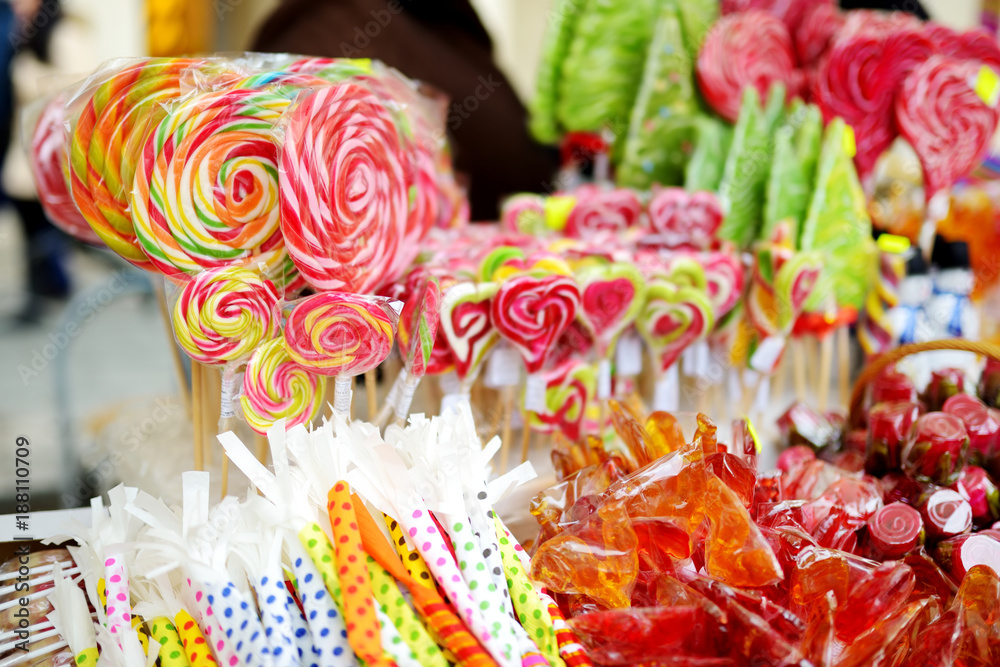 Assorted sweets and candies sold on traditional Lithuanian spring fair in Vilnius