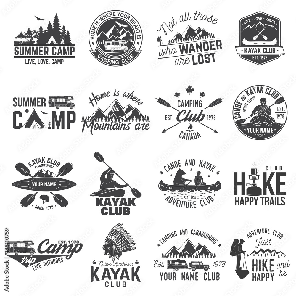 Fototapeta premium Set of canoe, hiking, kayak and camping club badge