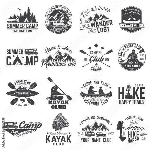 Set of canoe, hiking, kayak and camping club badge