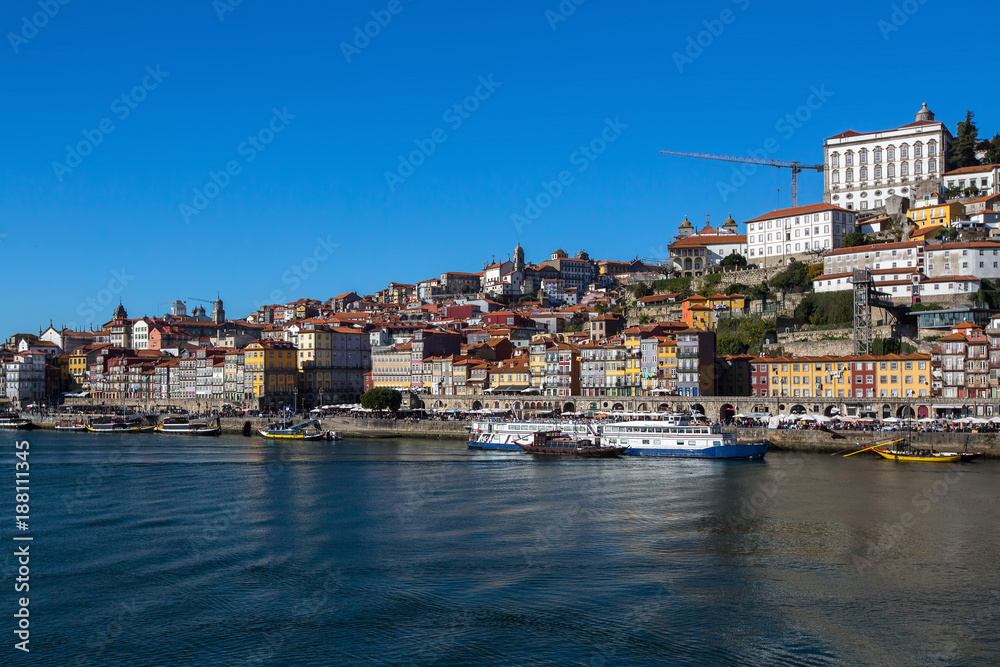 Douro river and Ribeira in Porto, Portugal.
