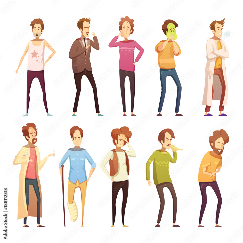 Fototapeta premium Sickness Man Retro Cartoon Icon Set