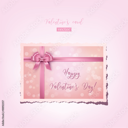 Vector pink valentine's card with bow, ribbon and Happy Valentine's Day text. Realistic vintage Valentine.  © backup16