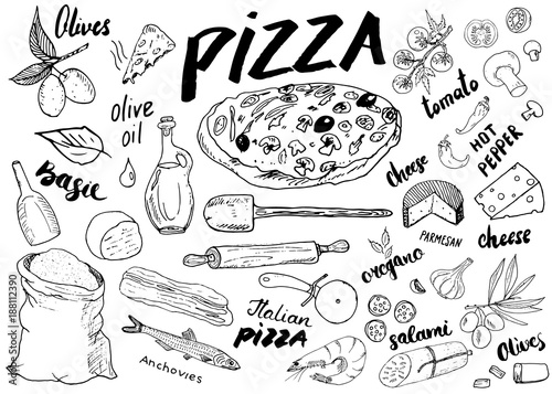 Pizza menu hand drawn sketch set. Pizza preparation design template with cheese, olives, salami, mushrooms, tomatoes, flour and other ingredients. vector illustration isolated on white background