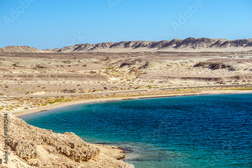 The desert connects to the sea. Sandy beach and the Red Sea. The Ras Muhammad National Park.