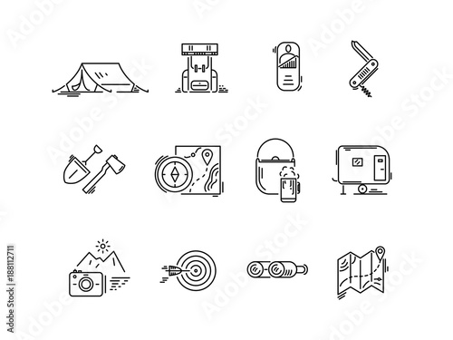 Line icons set of hiking tourism, camping.