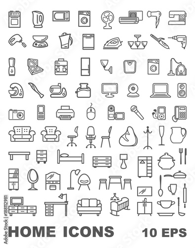 Linear icons of furniture, appliances and household items