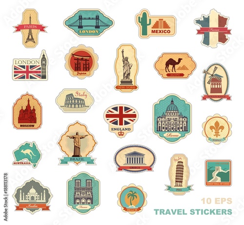 Travel stickers and symbols different countries