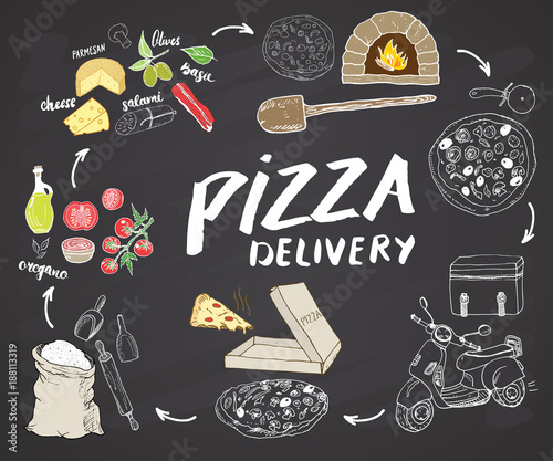 Pizza hand drawn sketch set. Pizza preparation and delivery process with flour and other food ingredients, paper box, oven and kitchen tools, scooter, pizza bag design template. Vector illustration