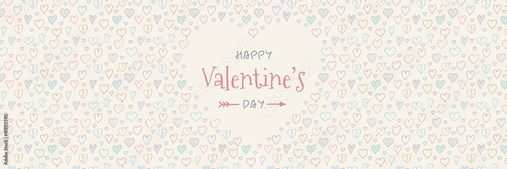 Banner with hand drawn hearts for Valentine's Day. Vector.