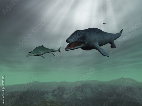 Fototapeta Mosasaurus persiguiendo a un ictiosaurio