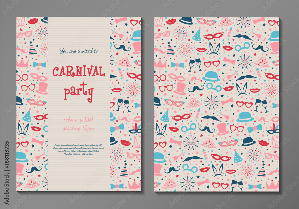 Carnival Party - two sided layout of invitation with funny icons. Vector.