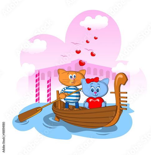 Fototapeta Naklejka Na Ścianę i Meble -  postcard fragment day of love of saint valentine woman's beloved girl Venice gondola couple cat sings holding heart joy joy love congratulation sign 