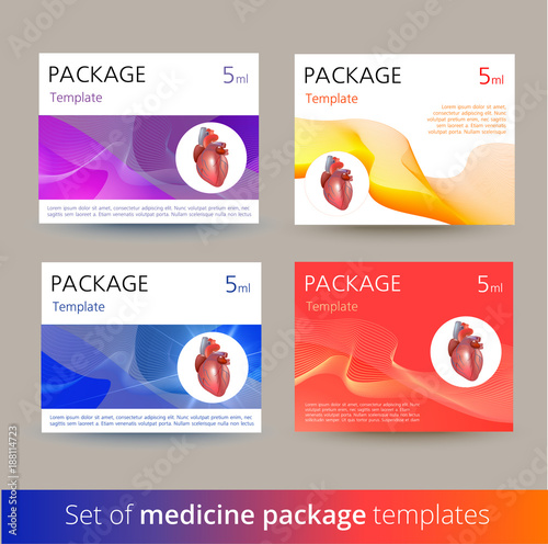 Set of Medicine package template design variations with realistic human heart.