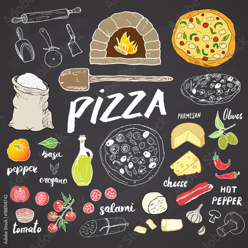 Pizza menu hand drawn sketch set. Pizza preparation design template with cheese, olives, salami, mushrooms, tomatoes, flour and other ingredients. vector illustration on chalkboard background