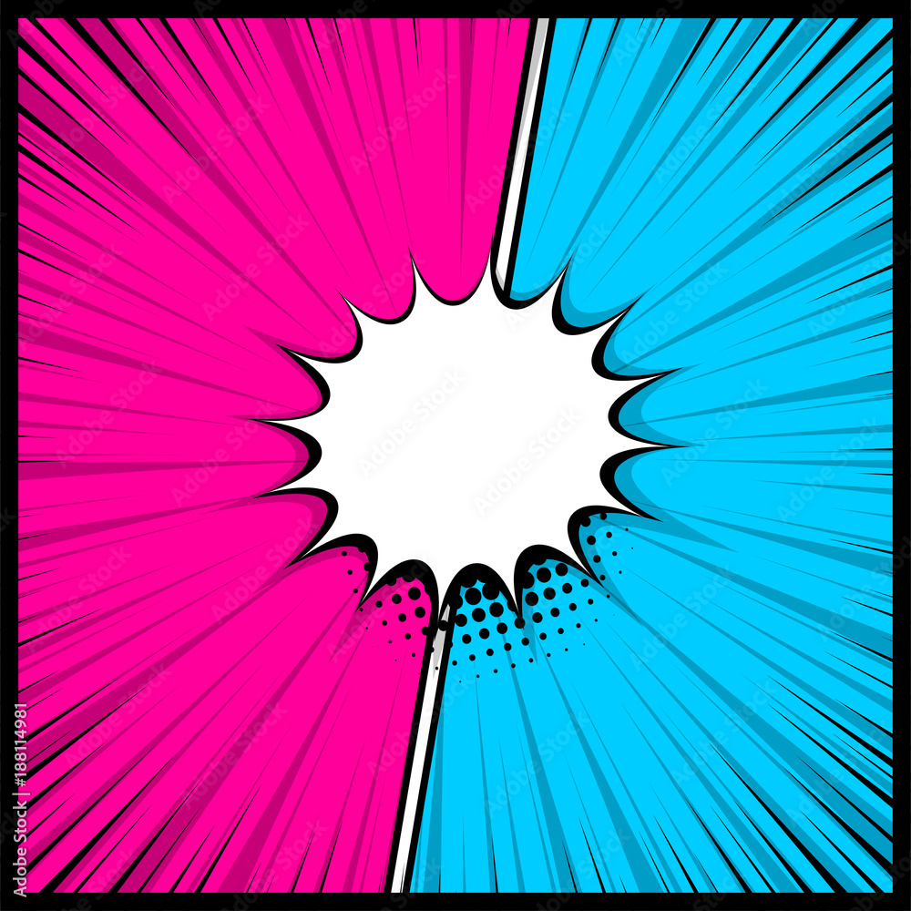 Boom silhouette explosion. Speech bubble box balloon. Comics book empty colored template background. Pop art colorful backdrop mock up. Vector illustration halftone dot chat mockup versus comic text. 