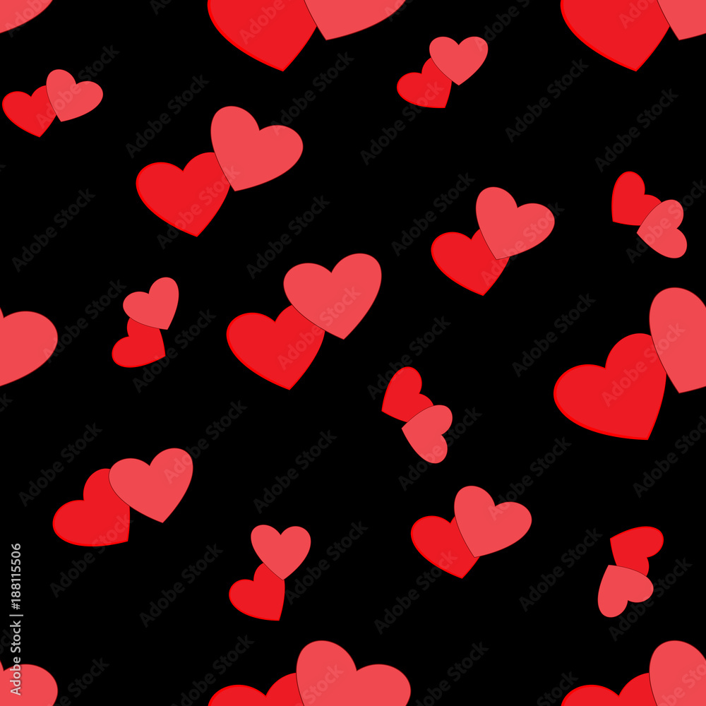 Heart red on black seamless pattern