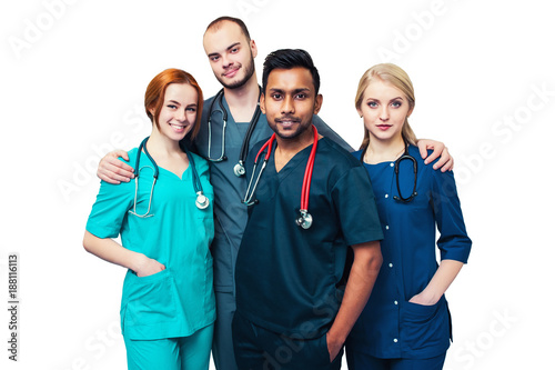 team of young mixed race doctors isolated working in a hospital. whitebackground photo