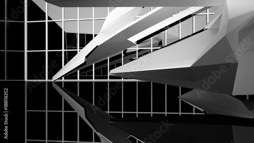 Abstract white and black interior multilevel public space with window. 3D illustration and rendering.