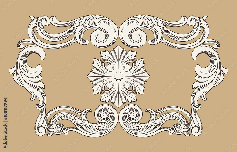 Vintage baroque frame border leaf scroll floral ornament engraving retro flower pattern antique style swirl decorative design element