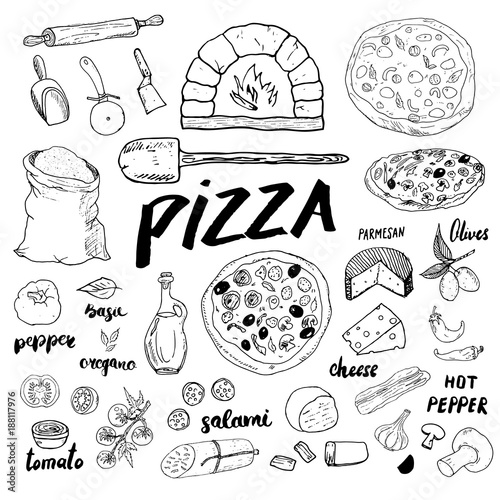 Pizza menu hand drawn sketch set. Pizza preparation design template with cheese, olives, salami, mushrooms, tomatoes, flour and other ingredients. vector illustration isolated on white background
