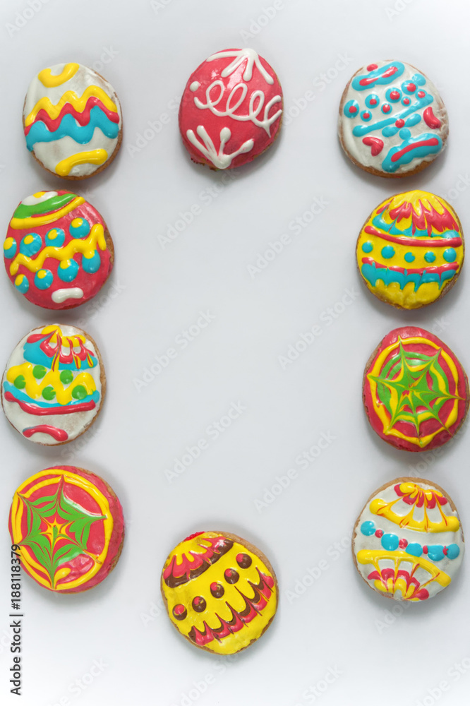 Frame from cookies in the form of Easter eggs. Assorted. Flat lay. Place for text.