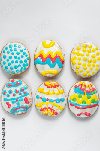 Festive cookies in the form of Easter eggs. Assorted. Flat lay. Place for text.