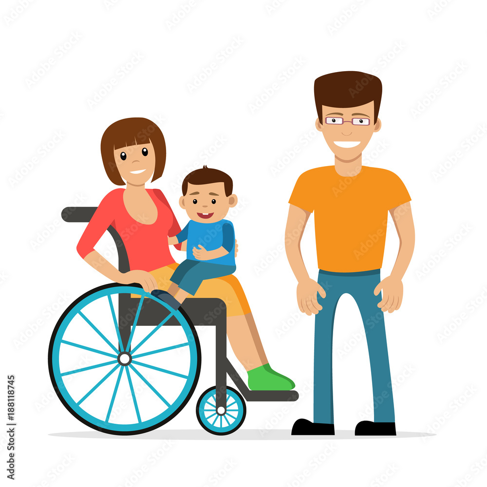 Disabled young woman in wheelchair with her son and husband. Disabled young woman in wheelchair with her son and husband.