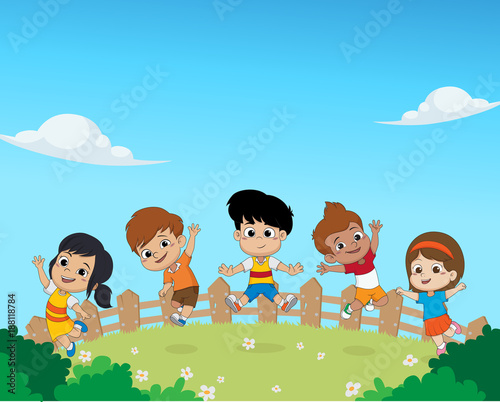 Group of kids jumping in the air together.vector and illustration.