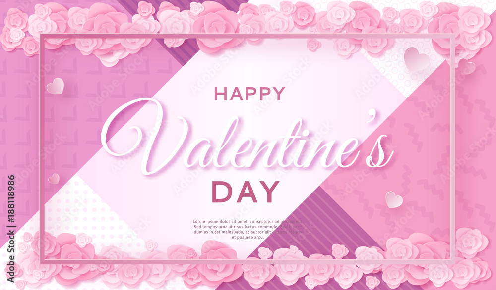 Valentines day banner in trendy paper art style with carved heart and flowers, origami background for holiday invitation, poster, print, vector illustration