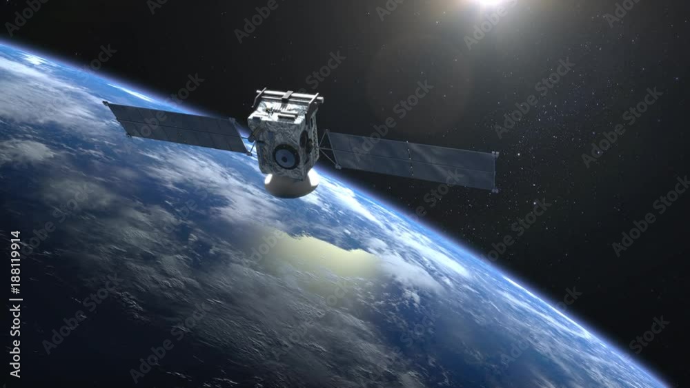 The satellite scan and monitor the Earth. The satellite is orbiting the Earth. The camera shoots the satellite close-up. The Earth's horizon is turned to the right. 4K.