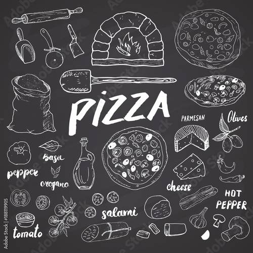 Pizza menu hand drawn sketch set. Pizza preparation design template with cheese, olives, salami, mushrooms, tomatoes, flour and other ingredients. vector illustration isolated on white background