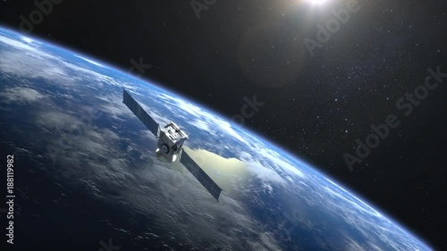 The satellite scan and monitor the Earth. The satellite slowly flies away. The satellite is orbiting the Earth. The Earth's horizon is turned to the right. 4K.