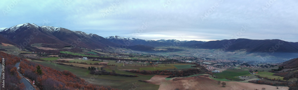 View on Norcia, Umbria, Italy. Panorama in twilight