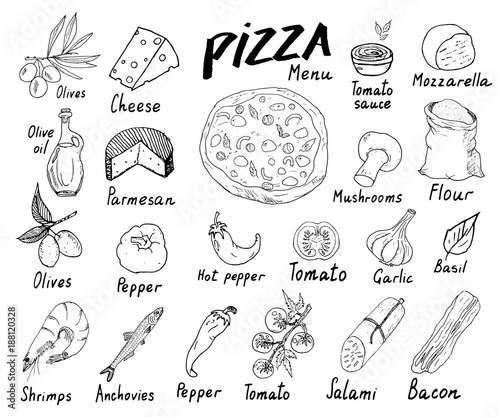 Pizza menu hand drawn sketch set. Pizza preparation design template with cheese, olives, salami, mushrooms, tomatoes, flour and other ingredients. vector illustration isolated on white background