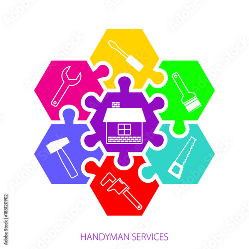 Professional handyman services logo. Concept handyman services. Hexagonal colorful puzzles and  icons of tools for remodel. Flat design. Vector illustration EPS10.