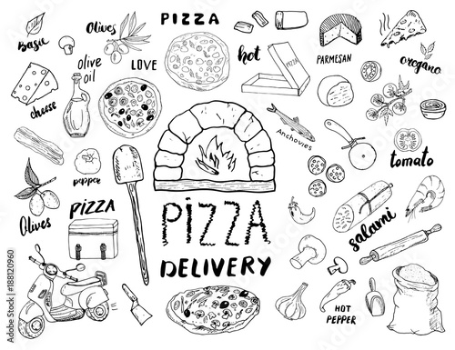 Pizza menu hand drawn sketch set. Pizza preparation and delivery doodles with flour and other food ingredients, oven and kitchen tools, scooter, pizza box design template. Vector illustration
