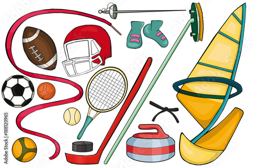 Sports Equipment Set.  Cartoon style.  Isolated image on white background.
