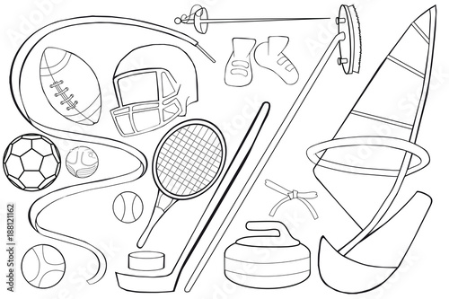 Coloring book. Sports Equipment Set.  Cartoon style.  Isolated image on white background.