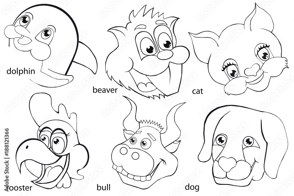 Coloring book. Animal heads. Set. Cartoon style. Isolated image on white background.