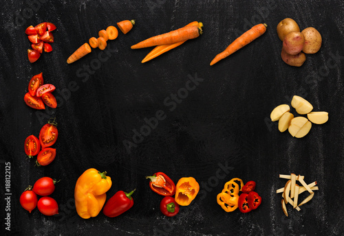 Collage of various vegetables on black background, isolated