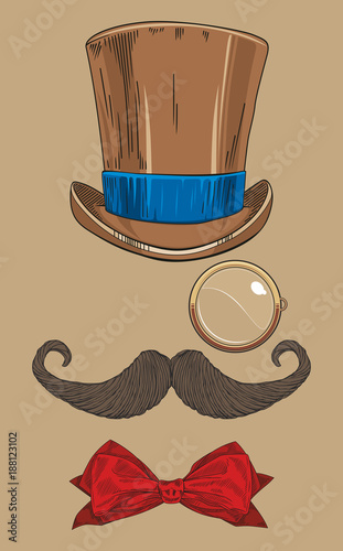 Vintage silhouette of top hat, mustaches, monocle and a bow tie