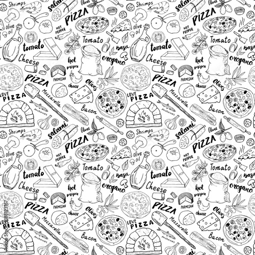 Pizza seamless pattern hand drawn sketch. Pizza Doodles Food background with flour and other food ingredients, oven and kitchen tools. Vector illustration