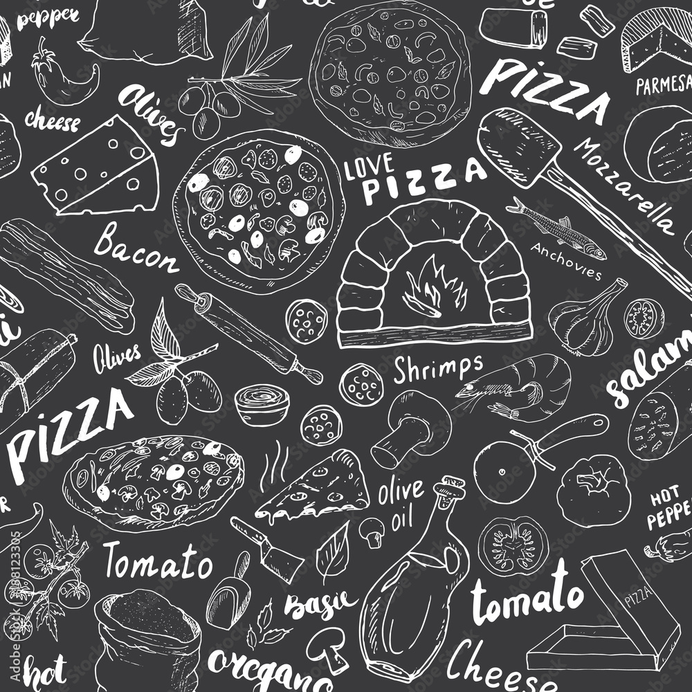 Pizza seamless pattern hand drawn sketch. Pizza Doodles Food background with flour and other food ingredients, oven and kitchen tools. Vector illustration