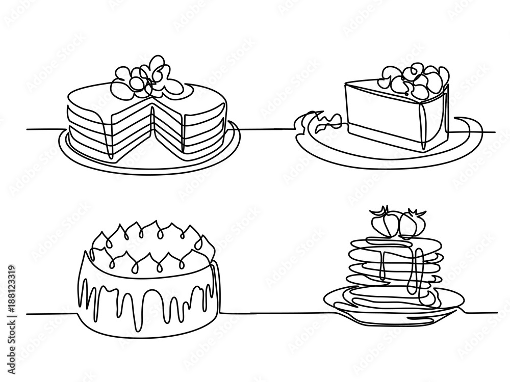 Set continuous line drawing of big cake. Vector illustration black line on white background.