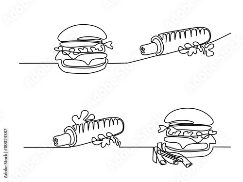Set continuous line drawing. Big Hamburger with French fries Fast food. Vector illustration black line on white background.