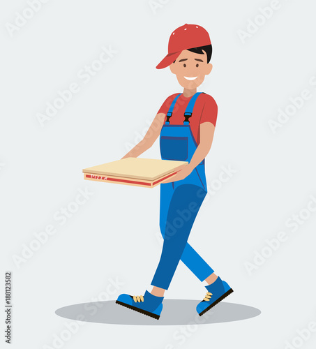 The man hurries to deliver the pizza. The concept of food service. Style flat.