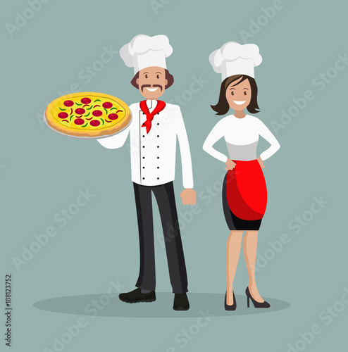 The chef is a man and a woman with pizza. Vector illustration of a flat design.